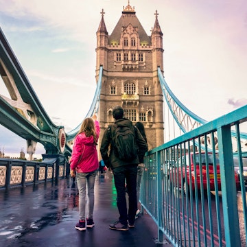 Family on the Tower Bridge in London.